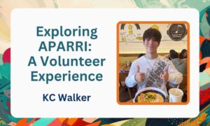 KC Walker smiling with a bowl of Sizzling Teppan food against the APARRI conference poster graphic.