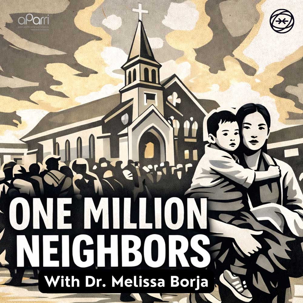 Asian immigrant mother and child in front of church with podcast title and host